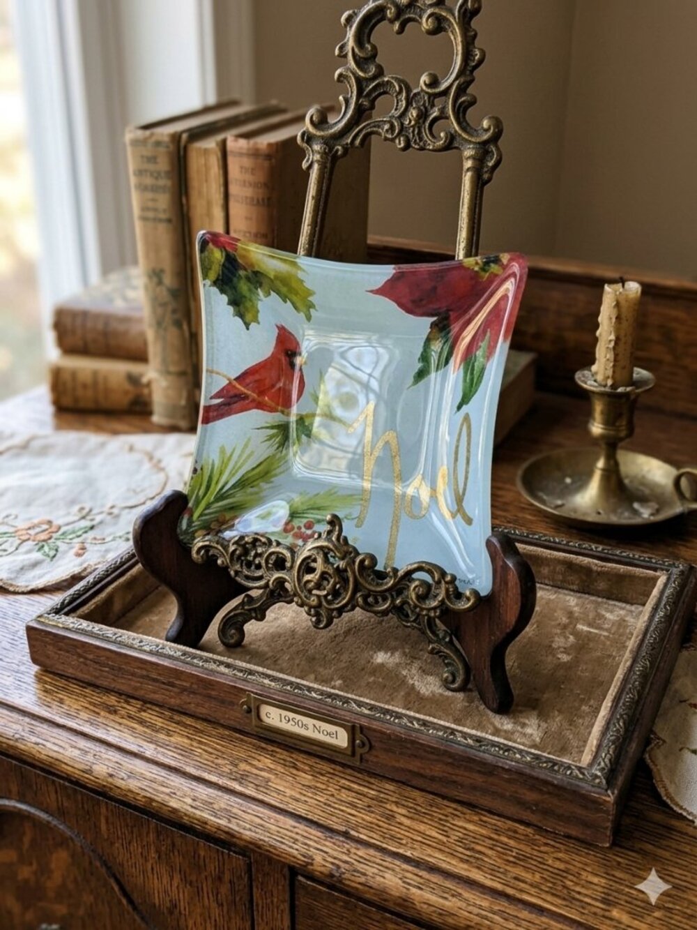 208 Park Christmas Glass Candy Dish 5" Square Noel Red Bird Cardinal, Gold Back